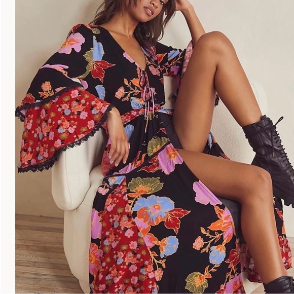 Free People Penny Printed Maxi Bodysuit Dress. Boho Floral Bright Lace Ruffle XS - Picture 16 of 16
